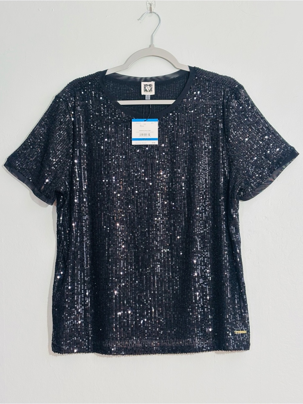 Anne Klein black sequin tee top XL NWT